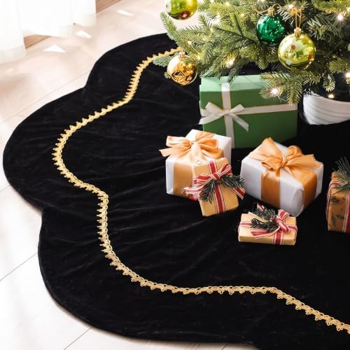 Arrowbash 48 Inch Black Christmas Tree Skirt Velvet Fur Scallop Tree Skirt Sparking Gold Lace Trim for Party Rustic Xmas Holiday Decorations All Year - Image 3