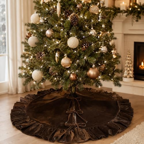 59-Inch Chocolate Brown Ruffled Velvet Christmas Tree Skirt with Bow Ties, Extra Large Vintage Round Pleated Xmas Tree Base Cover for Christmas Holiday Home and Party Decor, 150 cm - Image 3