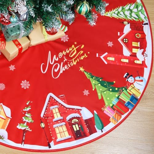 Multiwins 48 Inch Christmas Tree Skirt, Soft Christmas Tree and Snowflake Christmas Tree Mat, wiht Cute Santa Claus/Reindeer/House for Xmas Holiday Party Christmas Decorations by multiwins