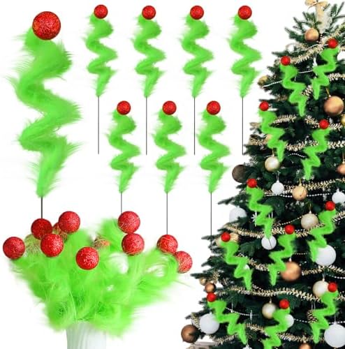 Gejoy 12 Pcs Christmas Tree Topper Green Christmas Picks Lime Green Furry Tree Topper Picks 12'' Xmas Curly Stems Ornament Sprays Elf Ornament for Xmas Wreath Vase Filler Branches Decorations by Unknown