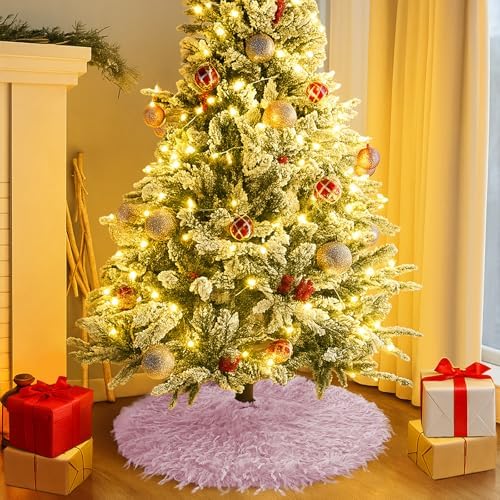 Pink Tree Skirts 24 Inches Snow Plush Christmas Tree Skirt Thick Fluffy Faux Fur Xmas Tree Mat for Xmas Tree Decorations and Ornaments - Image 3