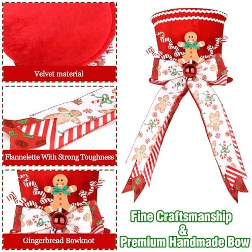 HMASYO Gingerbread Christmas Tree Topper, Velvet Red Tree Topper Hat with Candy Cane Gingerbread Ornament Bows, Top Hat Xmas Tree Topper for Home Office Holiday Tree Decoration Xmas Festive Gift - Image 6