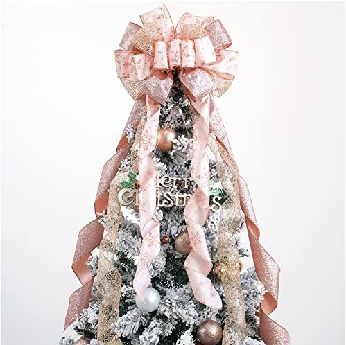 MEEDEE Rose Gold Christmas Tree Topper Rose Gold Glitter Christmas Bows 12" Wide Snowflake Ribbon Bow Rose Gold Christmas Bows Rose Gold Christmas Topper Rose Gold Bows for Christmas Tree (1 Pack) by MEEDEE