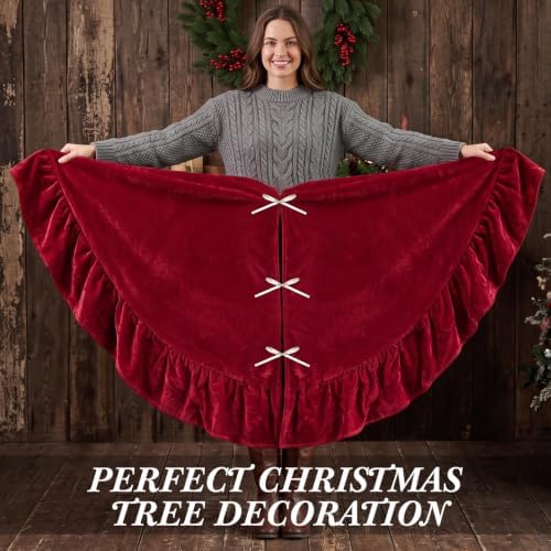 72 Inches Velvet Christmas Tree Skirt Decorations Red Luxury Xmas Fur Plush Skirts for Merry Christmas Party Rustic Vintage Holiday Home Winter - Image 6