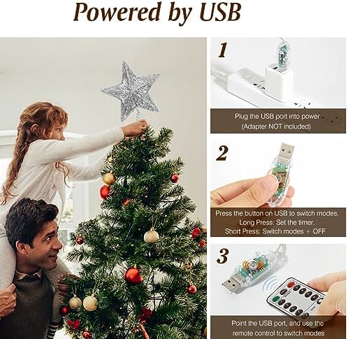 Lewondr Lighted Christmas Star Tree Topper with Remote & Timer, Silver - Image 5