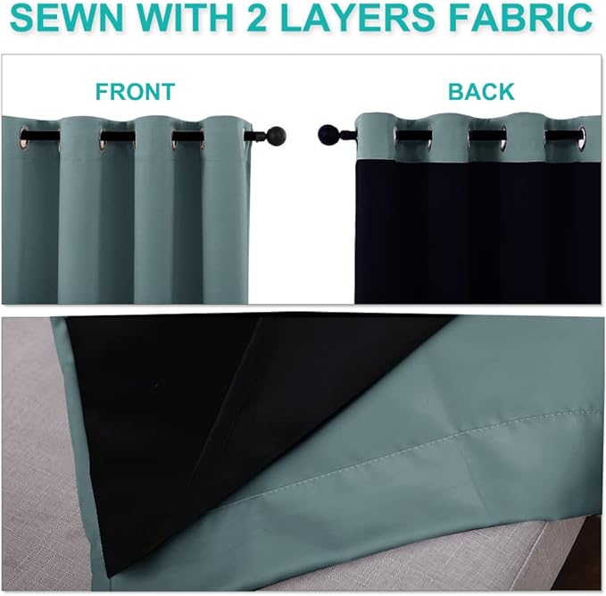 NICETOWN Extra Long Truly Blackout Drapes for Hall and Villa, 46-inch Width Each Panel, 45-inch Length, Greyish Blue, 2 Pieces, 100% Blackout Window Curtains with Black Lined for Night Shift Worker