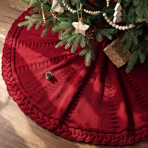 48 inch Christmas Tree Skirt: Braided Cable Knit Tree Skirt for 7.5ft Tree, Wine Red Tree Skirt, Vintage Tree Skirts, Rustic Farmhouse Christmas Decorations by LimBridge