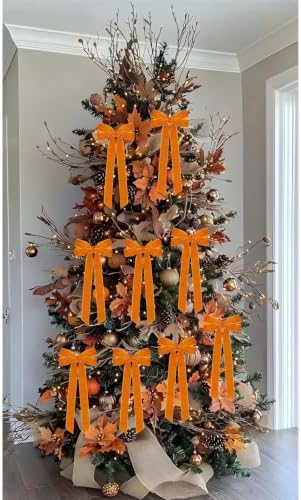 Hongsome 12Pcs Fall Velvet Ribbon Bows Tree Decorations 5in x 10in Orange - Image 4