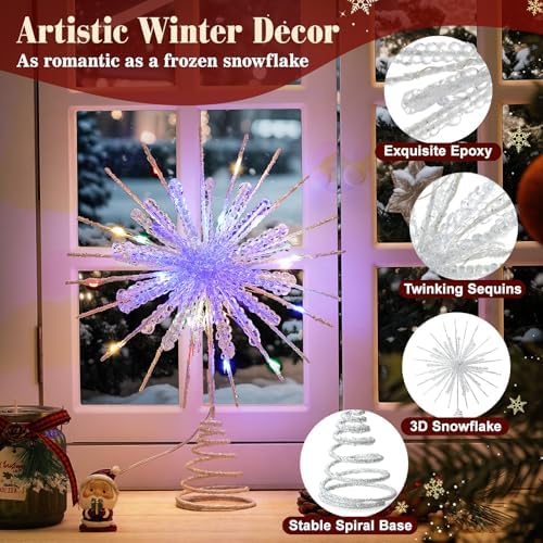 Lewondr Crystal Christmas Snowflake Tree Topper, Colorful Lights, White - Image 3