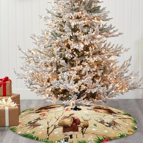 Christmas Tree Skirt, 48 Inch Vintage Santa Deer Xmas Tree Mat - Image 5