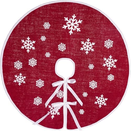 24 Inch Red Burlap Christmas Tree Skirt with White Snowflakes by NTNIETING