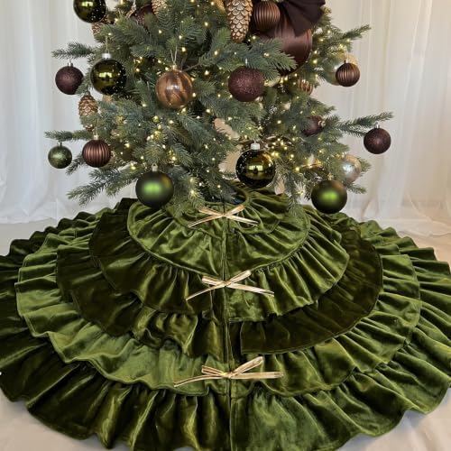 Velvet Christmas Tree Skirt, 48 Inches, 5-Tier Ruffle, Olive Green - Image 4