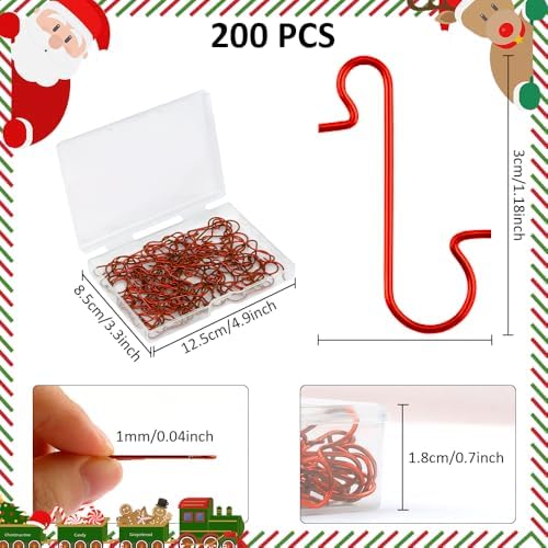 200 Pack Ornament Hooks, Christmas Ornament Hooks Hangers for Christmas Ornaments, Xmas Tree Hook for Ornaments Anchors S Shaped Small Ornament Hook Hangers for Christmass Tree Decorations, Red - Image 3