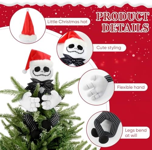 Tree Topper Decorations for Halloween and Christmas, Cute Plush Jack Huggers with Santa Hat, Poseable Handmade Tree Topper Party Decor - Image 6