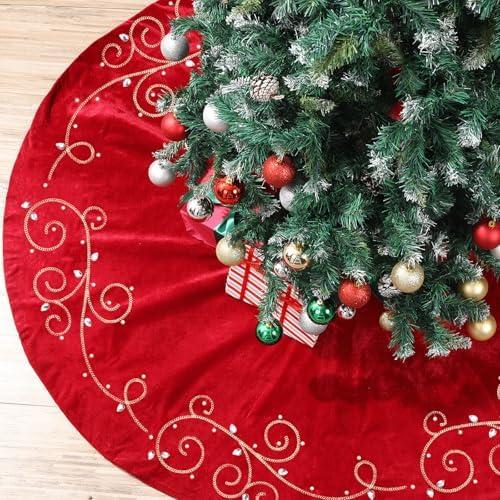 60inch Extra Large Christmas Tree Skirt Red Luxury Velvet Plush Fur Skirts Baroque Tree Skirts with Gold Embroidered Pearls and Crystals Trees Skirt for Christmas Holiday Party Home Decorations - Image 6
