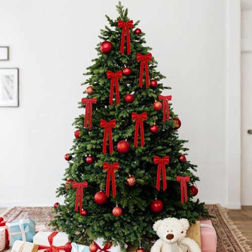 12Pcs Red Velvet Ribbon Bows Christmas Tree Decorations,5in x 10in Xmas Ornaments for Tree Home Party Front Door Wreath Holiday Decor - Image 4