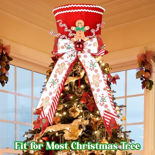 HMASYO Gingerbread Christmas Tree Topper, Velvet Red Tree Topper Hat with Candy Cane Gingerbread Ornament Bows, Top Hat Xmas Tree Topper for Home Office Holiday Tree Decoration Xmas Festive Gift - Image 2
