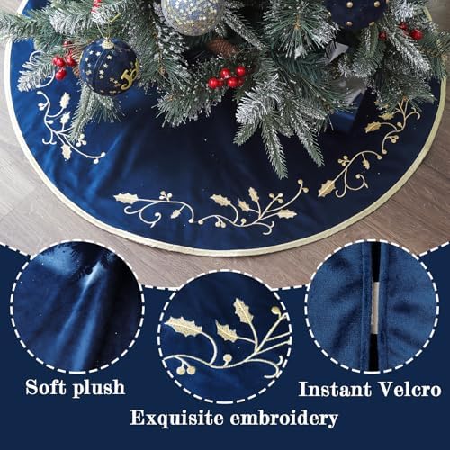 Bunny Chorus Christmas Tree Skirt, 36 inches Large Velvet Fur Plush Blue Tree Skirt, Xmas Tree Skirts with Gold Embroidered Holly Leaf for Merry Christmas Party Christmas Tree Decorations - Image 4