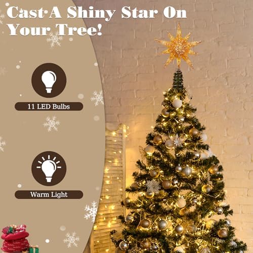 Lewondr Christmas Tree Topper Star, 13 Inch 10-Pointed Light Up Xmas Star Treetop with Plug and Remote Control for Home Christmas Decoration, 6H Timer & 8 Lighting Modes, Warm Light, Gold - Image 2