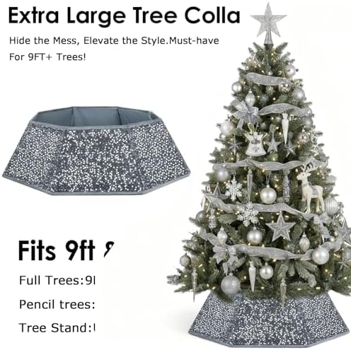 Christmas Tree Collar with Sparkling Sequin Tree Skirt for Holiday Home Decor Xmas Tree Ring(Silvergrey, X-Large) - Image 2