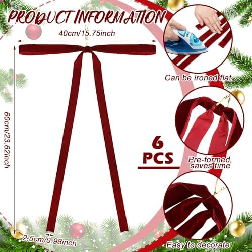 Janinka 6pcs Long Burgundy Christmas Velvet Bow Ornament Vintage Tree Decor - Image 2