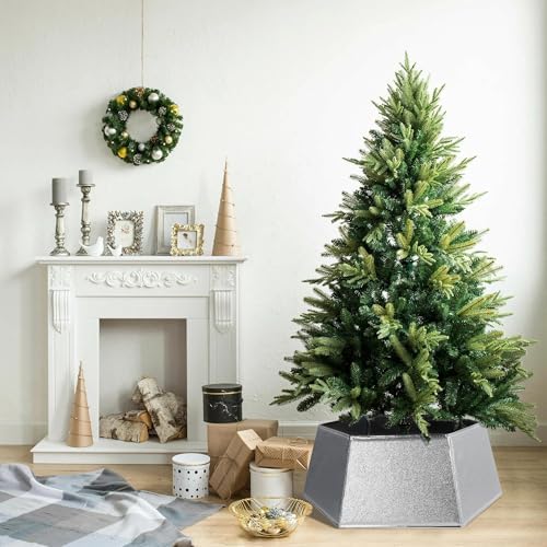 Blissun Fabric Christmas Tree Collar, Hexagonal Christmas Tree Ring, Glittering Willow Tree Skirt for Christmas Decorations (Glitter Silver) - Image 5