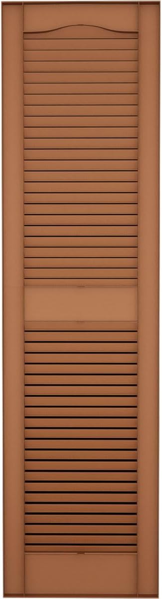 12"W x 64"H Lifetime Vinyl, Standard Cathedral Top Center Mullion, Open Louver Shutters, w/Installation Shutter-Lok's & Matching Screws (Per Pair), Treated Cedar