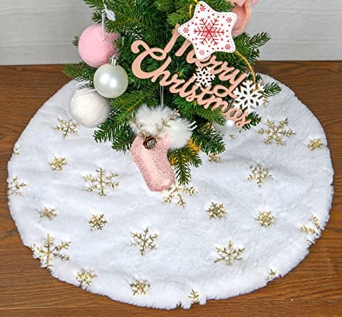 Faux Fur Christmas Tree Skirt,24 inches Luxury Tree Skirt with Gold Snowflake Sequin, Christmas Decorations Holiday Thick Plush Tree Xmas Ornaments???White and Gold,24 Inch??? by BUVANE