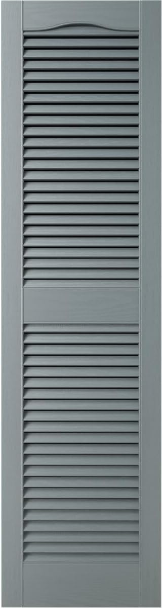 14 1/2"W x 39"H Lifetime Vinyl, Standard Cathedral Top Center Mullion, Open Louver Shutters, w/Installation Shutter-Lok's & Matching Screws (Per Pair), Storm Cloud