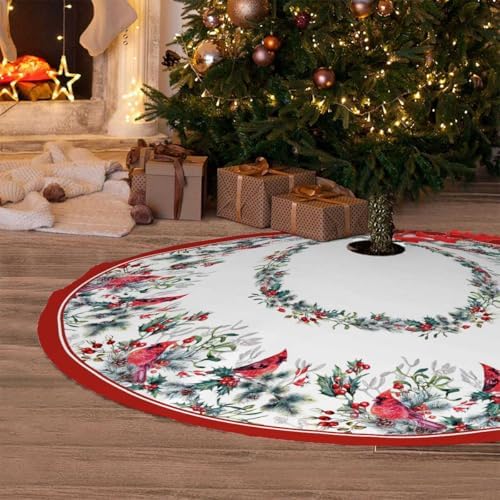 Cardinal Christmas Tree Skirt 48 Inch Poinsettia Christmas Tree Decorations - Image 2