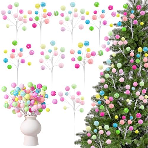 Janinka 8 Pcs Christmas Picks Pastel Christmas Candy Decorations Lollipop Macaron Xmas Tree Picks Xmas Tree Topper Glowing Fur Ball for Vase Fillers DIY Crafts Displays Home New Year by Janinka