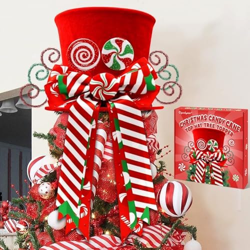 CiyvoLyeen Candy Canes Christmas Tree Topper Red Hat Bow Xmas Decoration by CiyvoLyeen