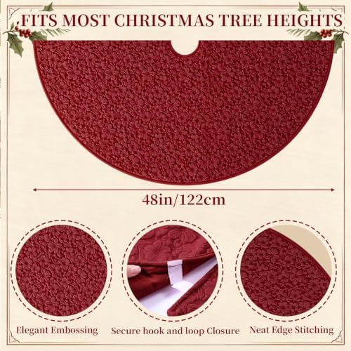 Skylety 48'' Christmas Tree Skirt Rug Embossing Xmas Tree Skirt, Red - Image 2