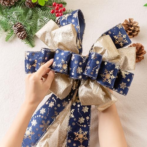 Christmas Tree Topper, 40x13 Inches Toppers Bow with Glitter Satin Mesh Streamer and Patterned Ribbon, Christmas Tree Topper Bow for Christmas Home Decoration (Blue Golden) - Image 3