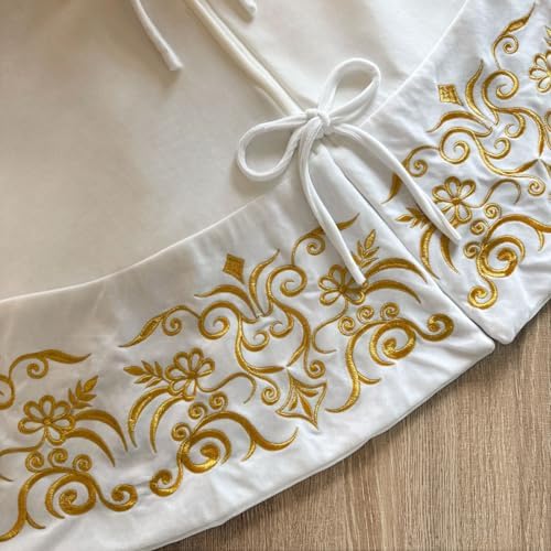 72-Inch Victorian Velvet Christmas Tree Skirt with Gold Damask Embroidery and Plush Lace Ties, Ivory - Image 5