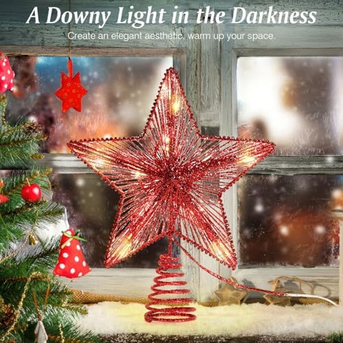 Lewondr Lighted Christmas Star Tree Topper with Remote & Timer, Red - Image 2