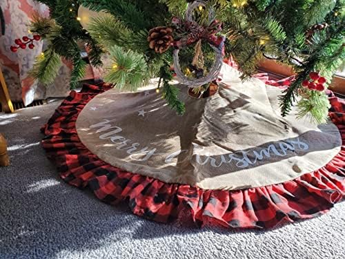 48 Inch Christmas Tree Skirt Linen Burlap Buffalo Plaid Edge Decoration for Merry Christmas Party Red and Black Buffalo Christmas Tree Skirt Decorations - Image 2