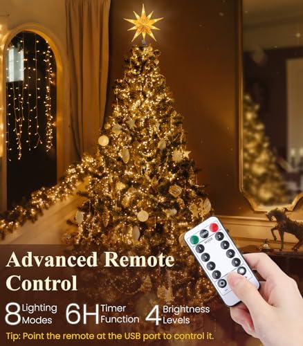 Luxspire Christmas Tree Topper, Lighted Star Tree Topper with USB Plug-in & Remote Control, 9.8" Christmas Tree Star Lights for Home Holiday Decor, 6H Timer & 8 Lighting Modes, Gold - Image 3