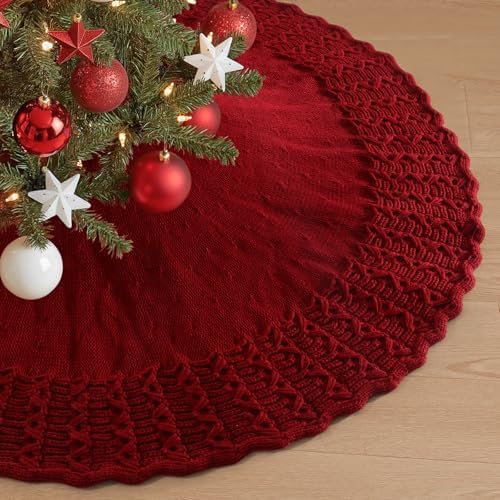 Christmas Tree Skirt 48 Inch Knitted Xmas Tree Skirt Cable Knit Tree Skirt Christmas Tree Decorations for Farmhouse Xmas Holiday Home Party(Red, 48in) by SOMYTING