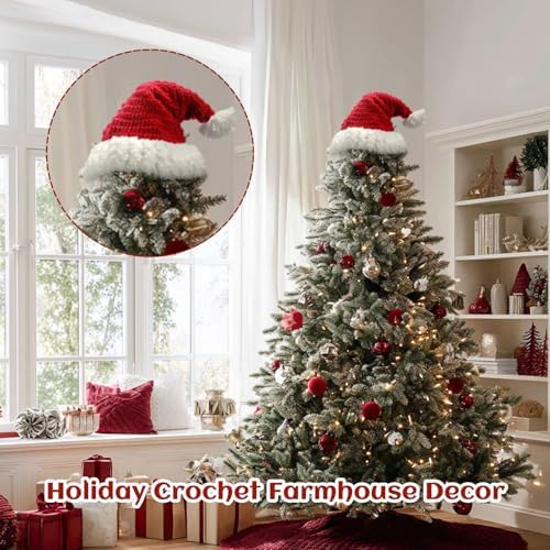 Syhood Christmas Tree Topper Red Crochet Santa Hat Farmhouse Holiday Xmas Decor for Christmas Tree Ornament Party Decoration - Image 4