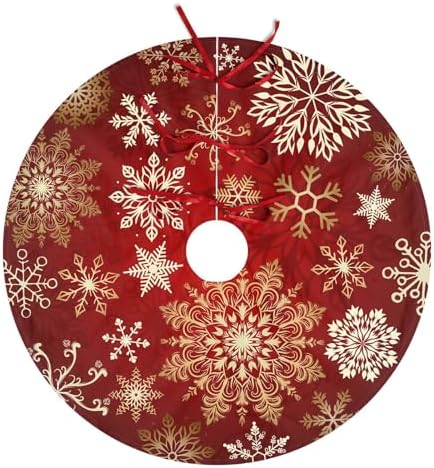 48 Inch Snowflakes Christmas Tree Skirt Red White and Gold Trees Skirt Winter Holiday Xmas Trees Skirts Mat Decor for New Year Festive Farmhouse Party Decorations by Wnoesat