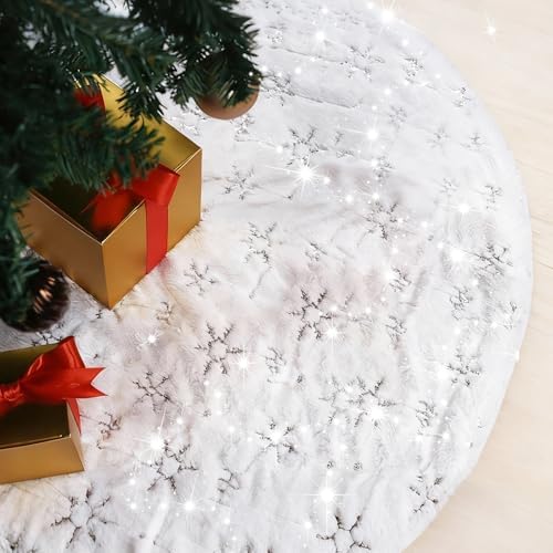Christmas Tree Skirt White, 36 Inch Large Soft Plush Xmas Tree Skirts, Double Layer Luxury Tree Skirt w/Silver Snowflake Sequin, Christmas Trees Decoration for Holiday Party Indoor Party Home Decor by MerryChristmas