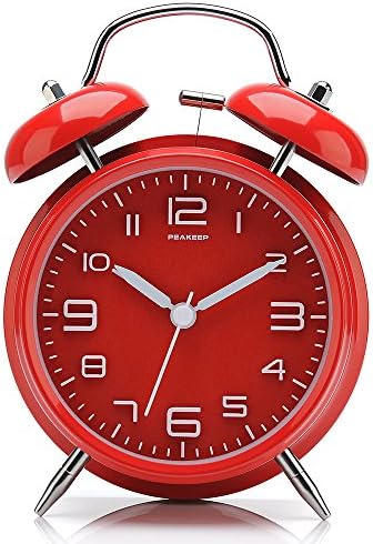 Peakeep 4 Inches Twin Bell Loud Alarm Clock for Heavy Sleepers | Backlight, Battery Operated Old Fashioned Alarm Clock for Bedrooms Kids' Room (3D-Dial, Red) - Image 2