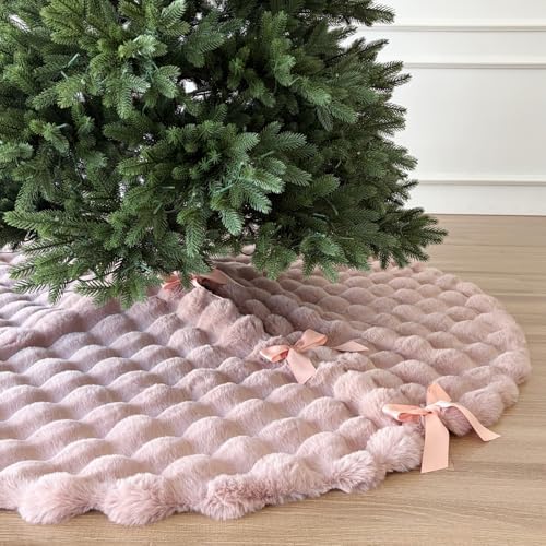 60-Inch Puff Quilt Faux Fur Christmas Tree Skirt, Soft Plush Tufted Texture with Satin Ribbon Ties, Baby Pink by StarryDynamo
