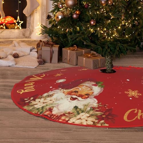 Christmas Tree Skirt Red and Gold Christmas Decorations - Xmas Tree Skirt Mat with Santa Claus Snowflake Pattern for Indoor Outdoor Merry Christmas Holiday Party Decor Inches (48inch) - Image 4
