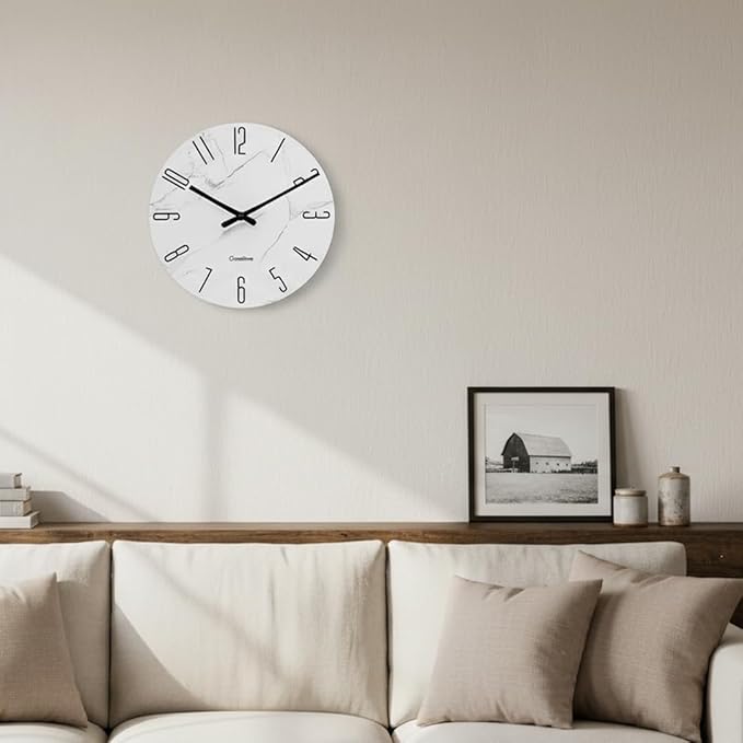 16 Inch Wall Clock White Marble Grain - Battery Operated Silent Modern Farmhouse Decor Quartz Round Analog Clock for Kitchen, Bathroom, Living Room