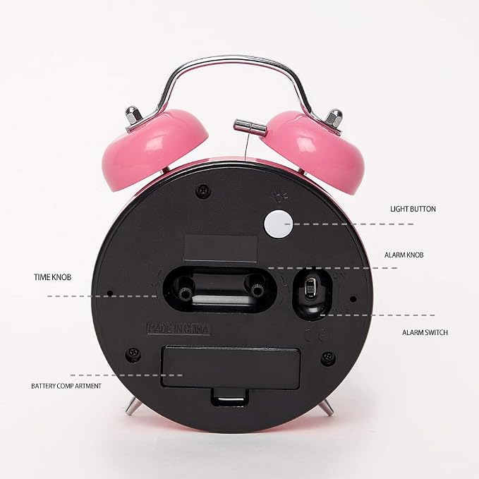 FLOITTUY {Loud Alarm for Deep Sleepers) 4'' Twin Bell Alarm Clock with Backlight for Bedroom and Home Decoration(Pink) - Image 7