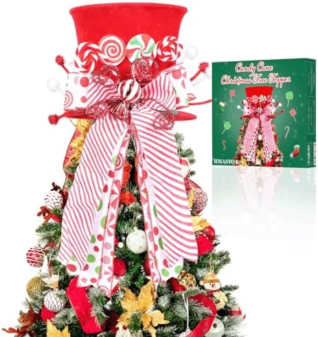 HMASYO Candy Cane Christmas Tree Topper, Velvet Red Tree Topper Hat with Candy Peppermint Bows Ribbon Ornament, Top Hat Christmas Tree Topper for Home Office Holiday Tree Decoration Xmas Gift by HMASYO