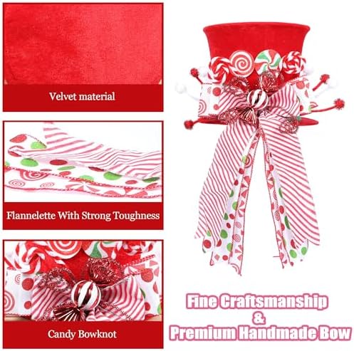 HMASYO Candy Cane Christmas Tree Topper, Velvet Red Tree Topper Hat with Candy Peppermint Bows Ribbon Ornament, Top Hat Christmas Tree Topper for Home Office Holiday Tree Decoration Xmas Gift - Image 5