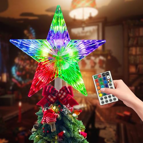Christmas Tree Topper, FISHOPE LED 24 Modes Color Changing 9.5" Christmas Tree Toppers Star Lighted, Remote Controller Multicolor Christmas Decorations USB Powered for Xmas Holiday Party Gift D??cor by FISHOPE